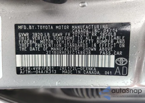 2014 Toyota Corolla L z USA, uszkodzony, nr VIN 2T1BURHEXEC148638